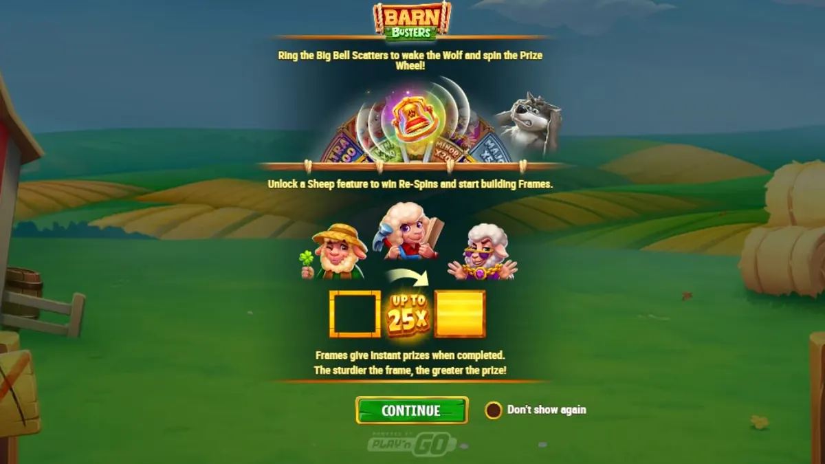 Tampilan visual slot Barn Busters dengan tema pertanian yang cerah dan simbol serigala.